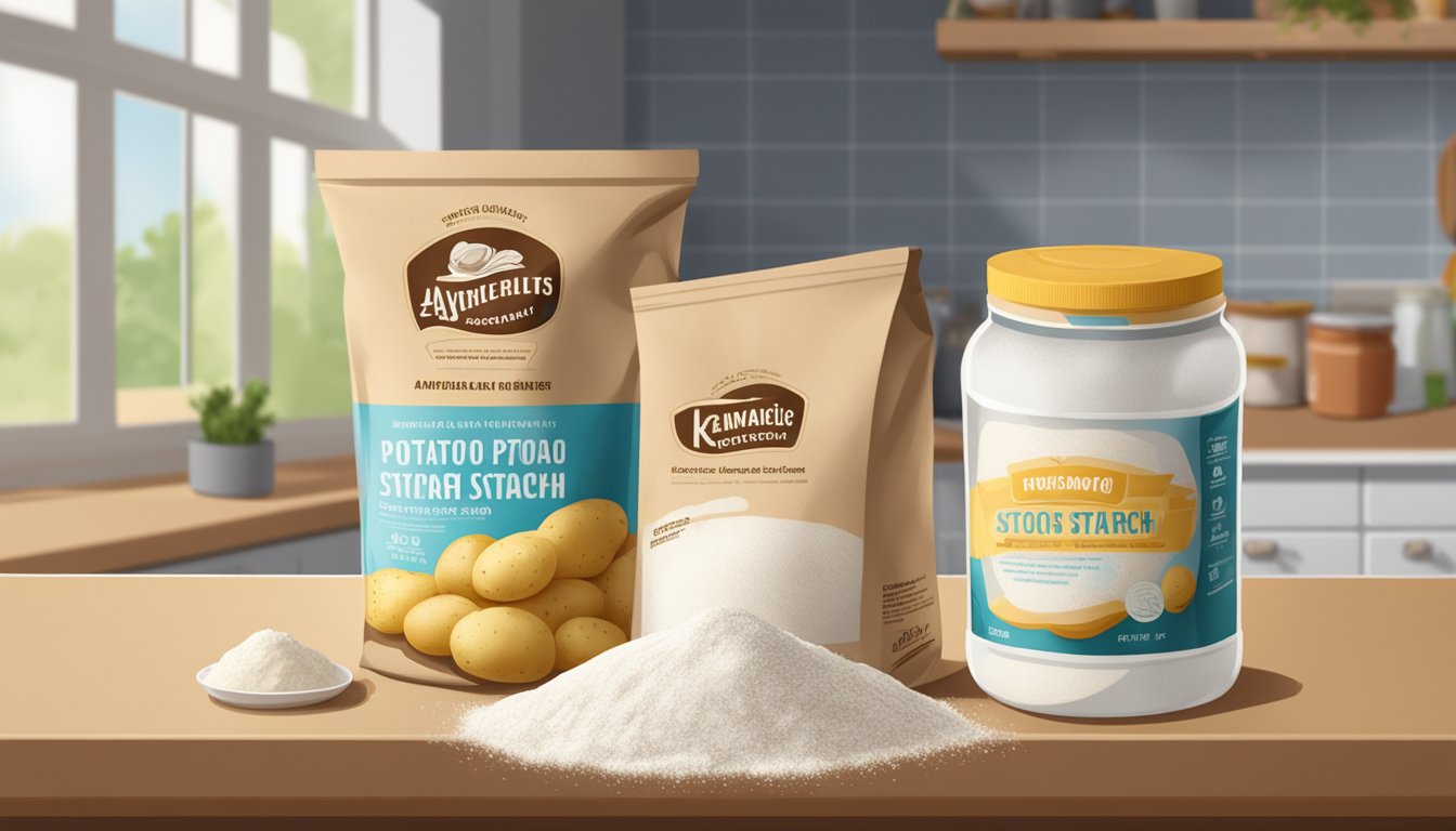 A jar of potato starch sits on a kitchen shelf next to a bag of flour and a box of cornstarch. The jar is unopened and covered in dust