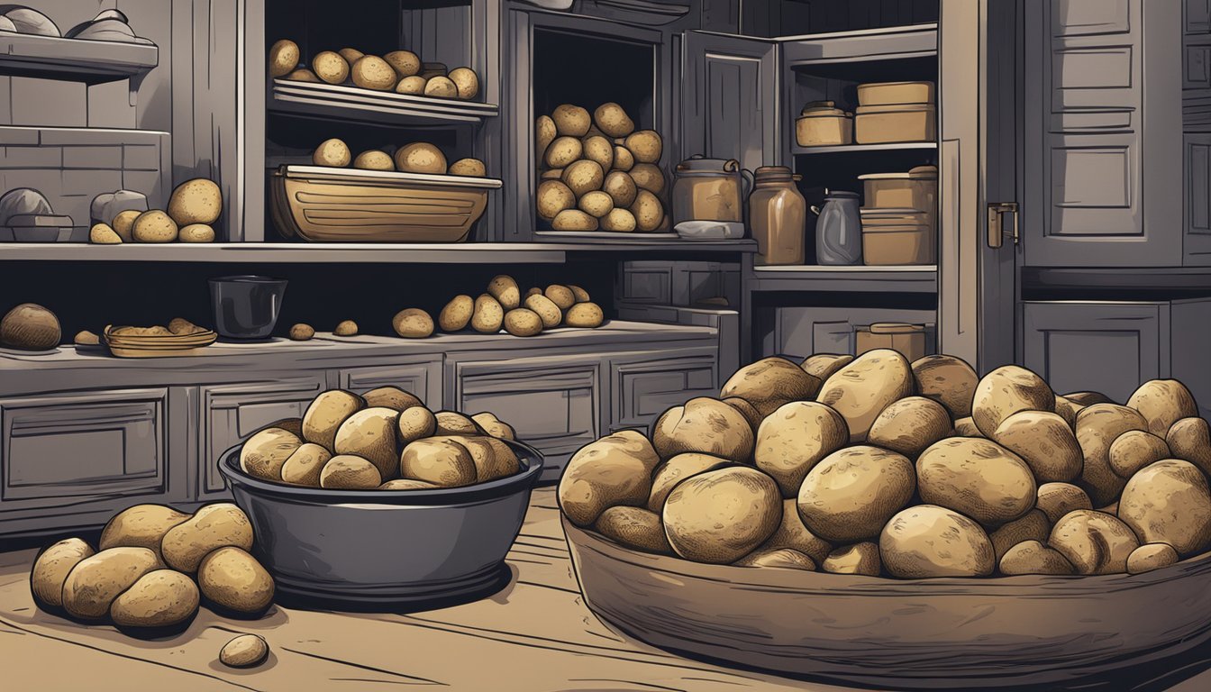 A pile of fresh potatoes stored in a cool, dark pantry, with a few of them being washed and prepared for cooking