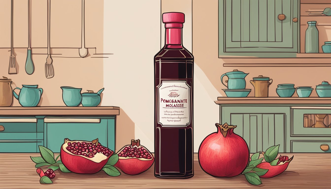 A bottle of pomegranate molasses sits on a kitchen shelf, surrounded by vibrant red pomegranates and a handwritten label indicating the date it was made