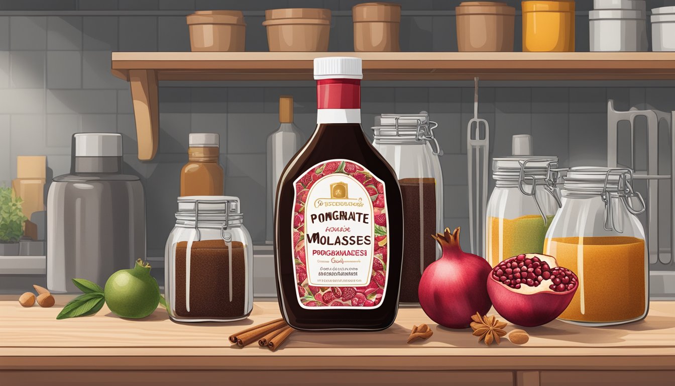 A bottle of pomegranate molasses sits on a kitchen shelf, surrounded by other condiments and spices. The label indicates the expiration date