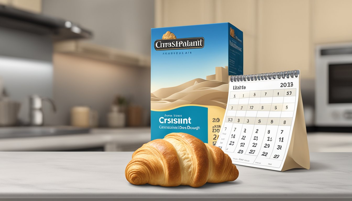 A package of pre-made croissant dough sitting on a kitchen counter, with a calendar in the background showing the current date and an expiration date marked on the dough packaging