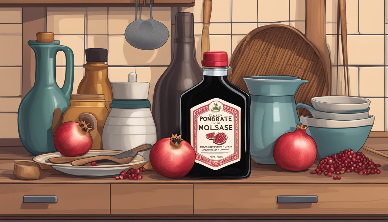 A bottle of pomegranate molasses sits on a kitchen shelf, surrounded by various cooking ingredients and utensils. The label indicates the expiration date