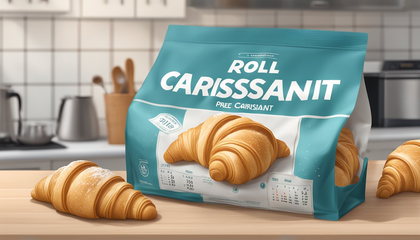 A roll of pre-made croissant dough sits in a sealed package on a kitchen counter, with a calendar showing the current date in the background