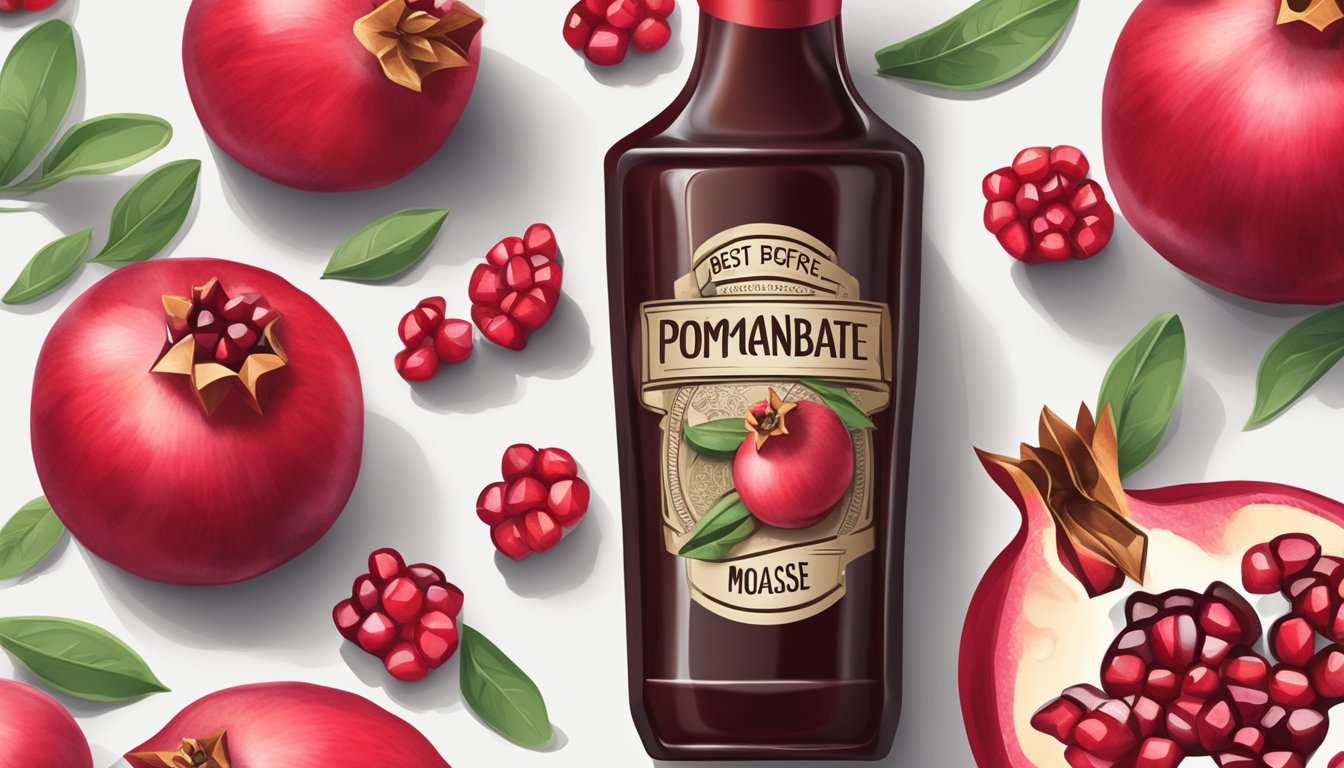 A pomegranate molasses bottle with a "best before" date on the label, surrounded by fresh pomegranates and a kitchen timer