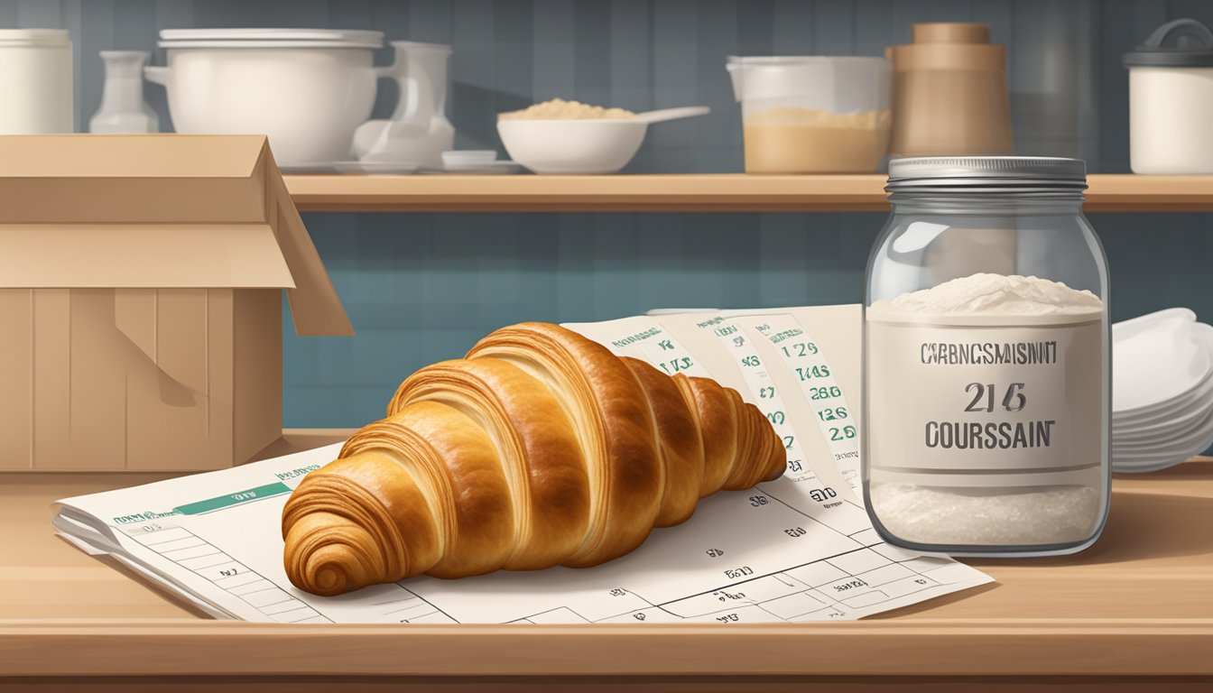 A package of pre-made croissant dough sits on a kitchen shelf, next to a calendar marking the expiration date