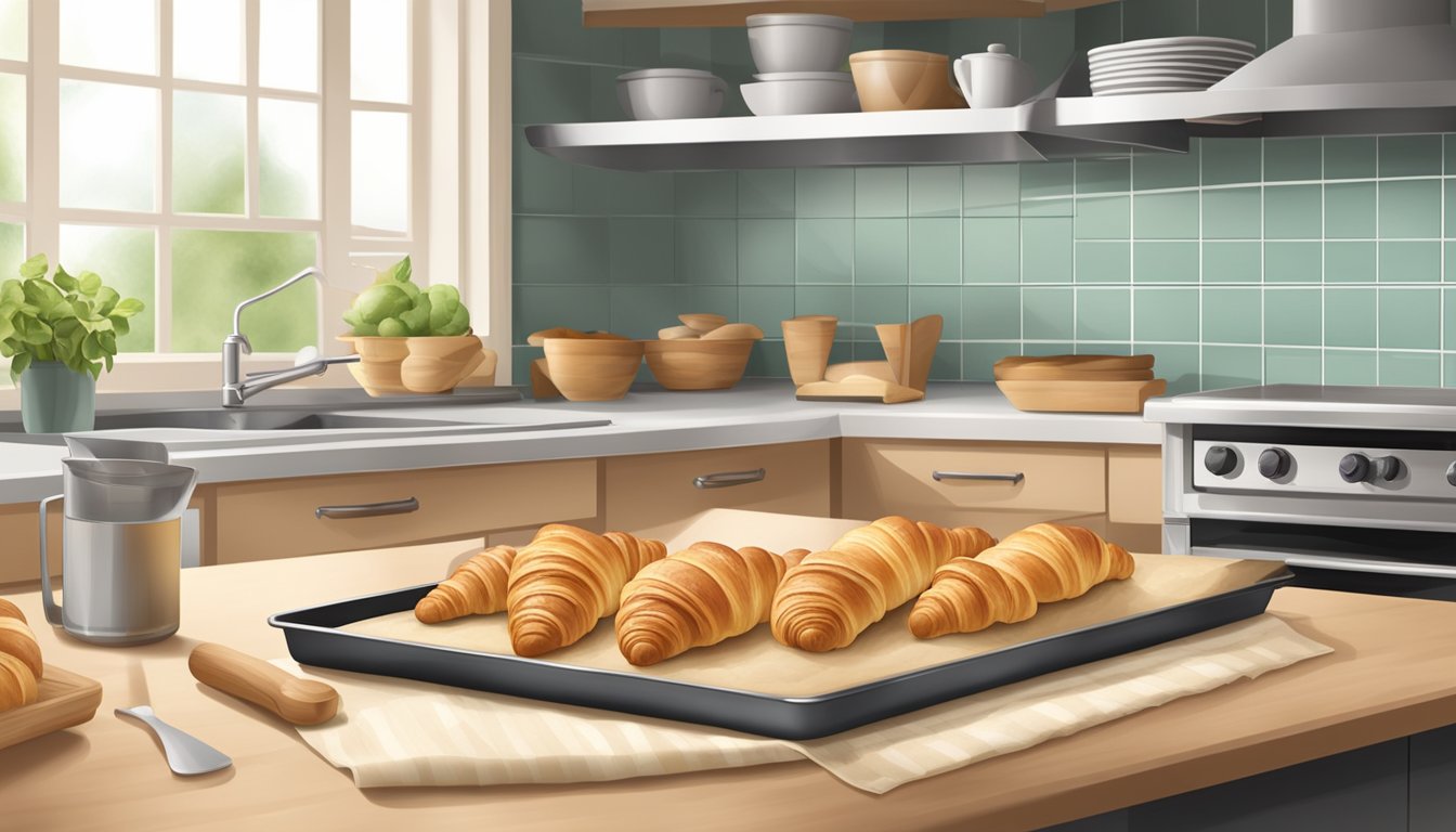 A kitchen counter with a rolled-out croissant dough, a rolling pin, and a baking tray with freshly baked croissants