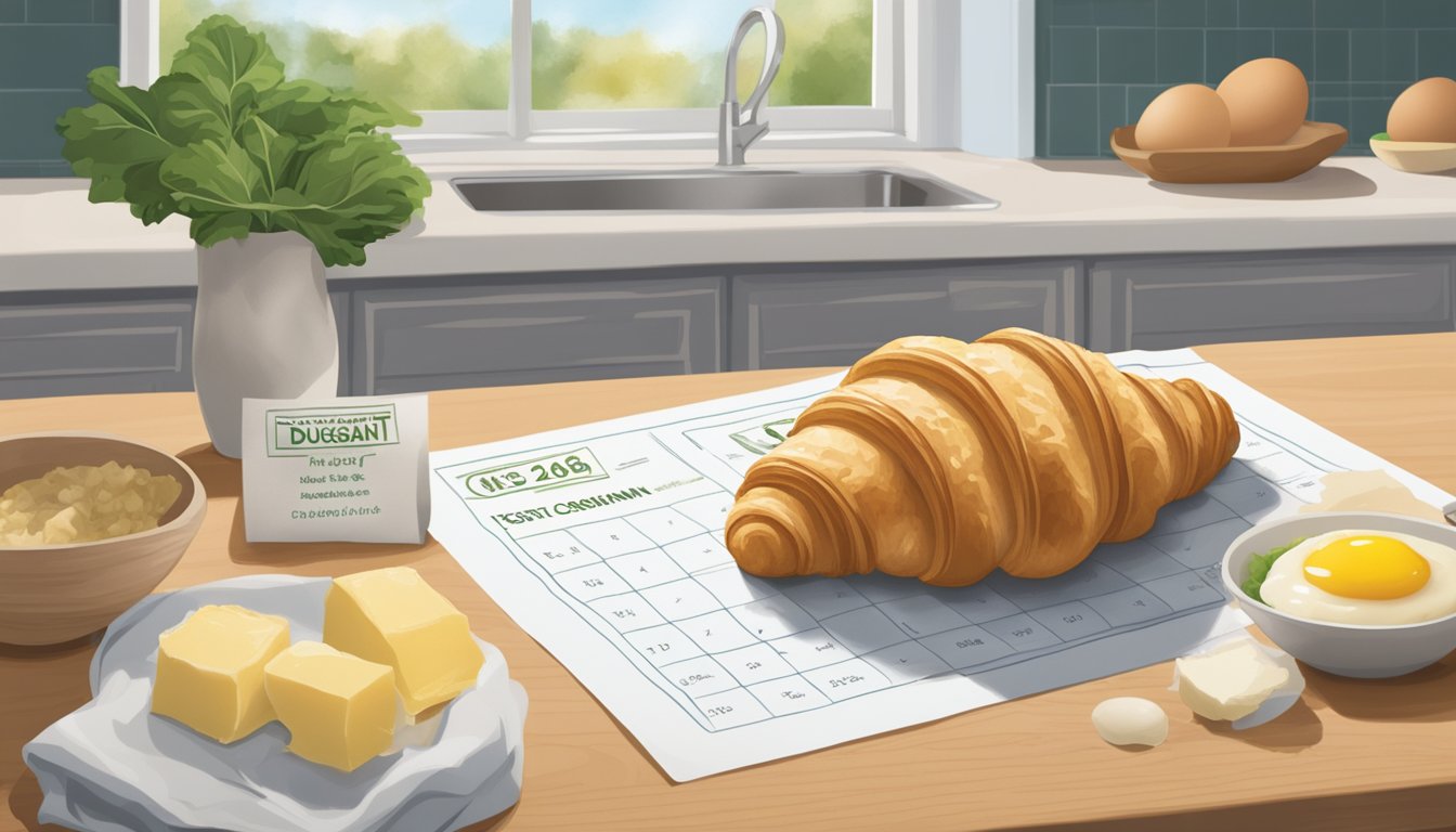 A sealed package of pre-made croissant dough sits on a clean, organized kitchen counter next to a calendar showing the current date. The dough is surrounded by fresh ingredients like butter and eggs