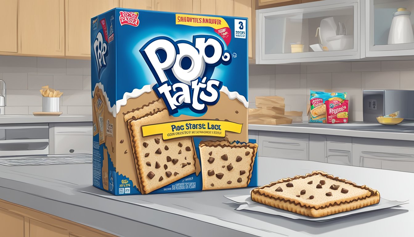 A box of Pop-Tarts sits on a kitchen counter, surrounded by a few crumbs. The packaging is slightly crumpled, and the toaster is nearby