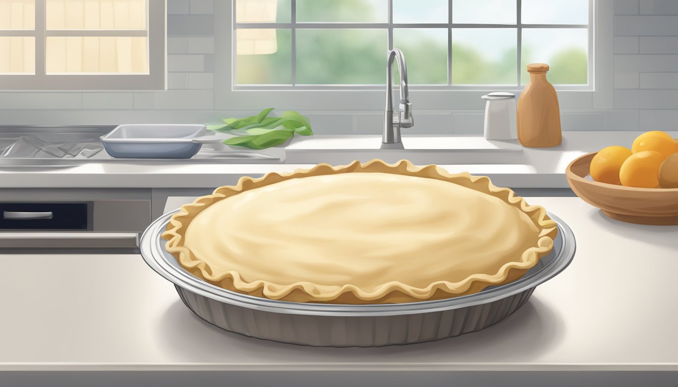 A roll of pre-made pie crust dough sits unopened on a clean, well-lit kitchen counter