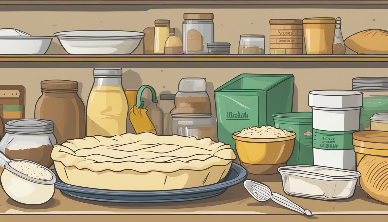 A package of pre-made pie crust dough sits on a kitchen shelf, surrounded by other baking ingredients and utensils. The expiration date is clearly visible on the packaging