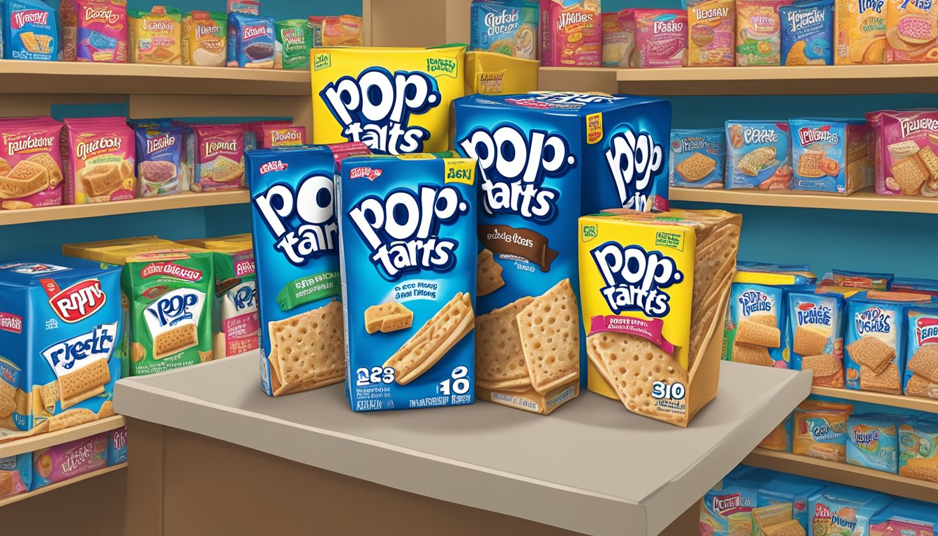 A box of Pop-Tarts sits on a pantry shelf, surrounded by other packaged foods. The expiration date is visible on the box