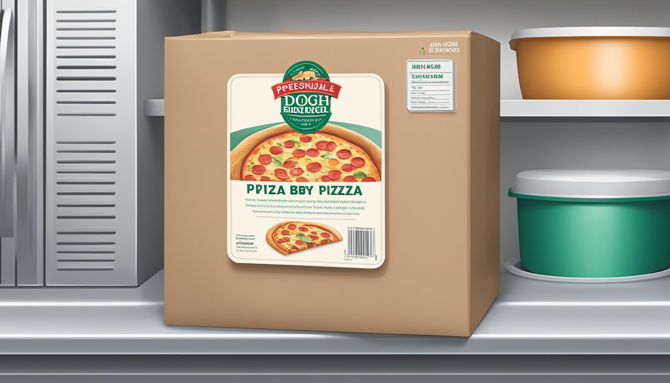 A sealed package of pre-made pizza dough sits in a refrigerator, with a "use by" date visible on the label