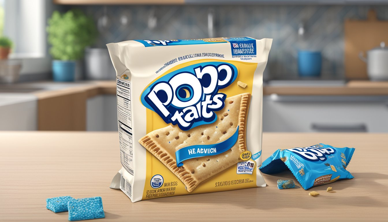 A package of Pop-Tarts sits on a kitchen counter, its expiration date clearly visible. A few crumbs are scattered around the package, indicating previous consumption