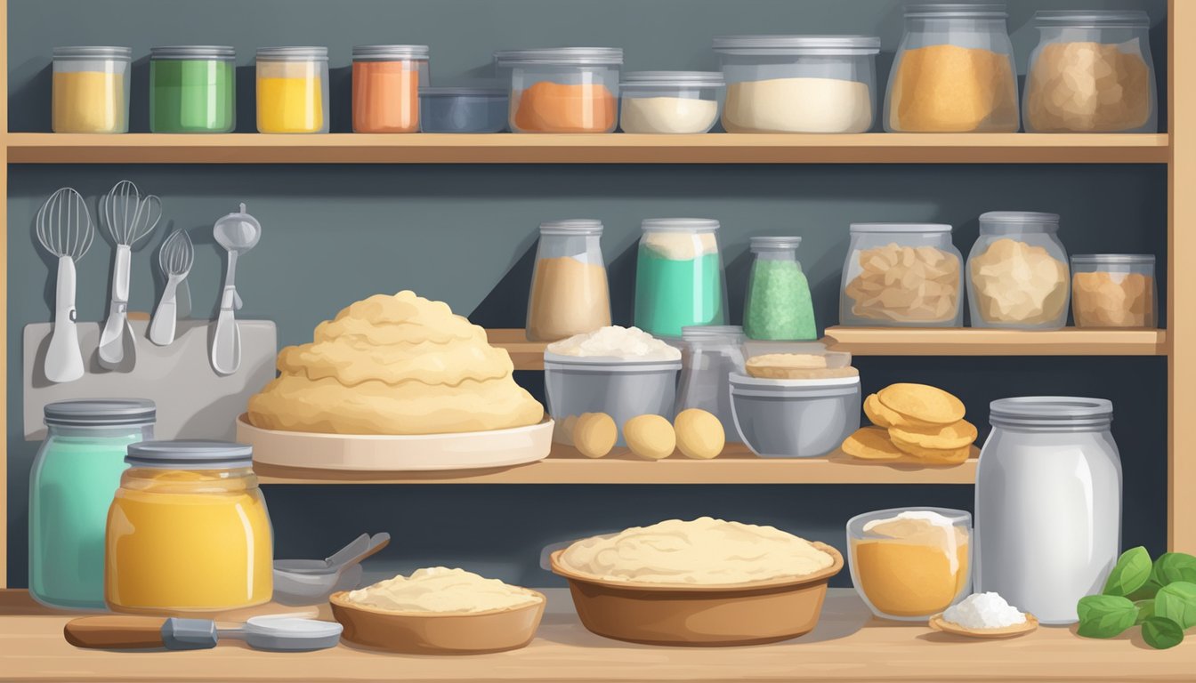 A sealed package of pre-made pie crust dough sits on a shelf, surrounded by other baking ingredients and utensils