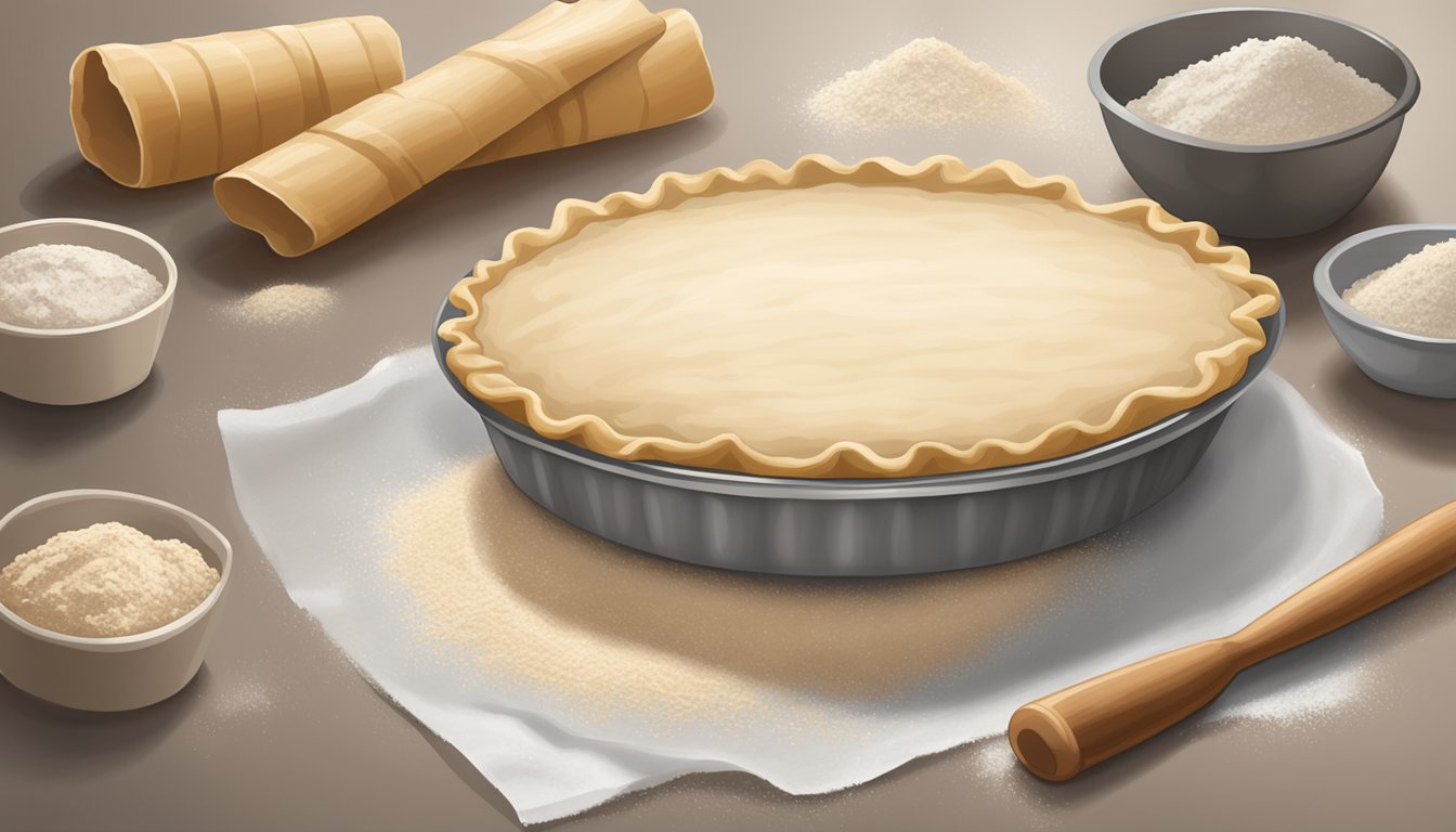 A roll of pre-made pie crust dough sits unopened on a kitchen counter, surrounded by flour, a rolling pin, and a pie dish