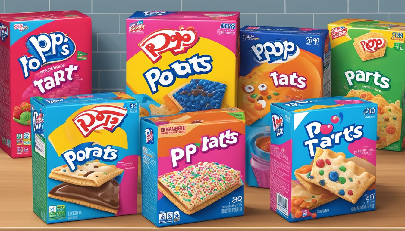 A colorful Pop-Tarts box sits on a shelf next to other branded breakfast items in a grocery store. The packaging features bold, eye-catching graphics and a prominent brand logo