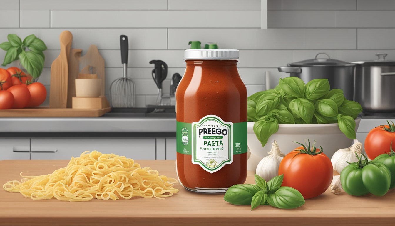 A jar of Prego Pasta Sauce sits on a kitchen countertop, surrounded by fresh tomatoes, basil, and garlic. The label on the jar indicates the expiration date