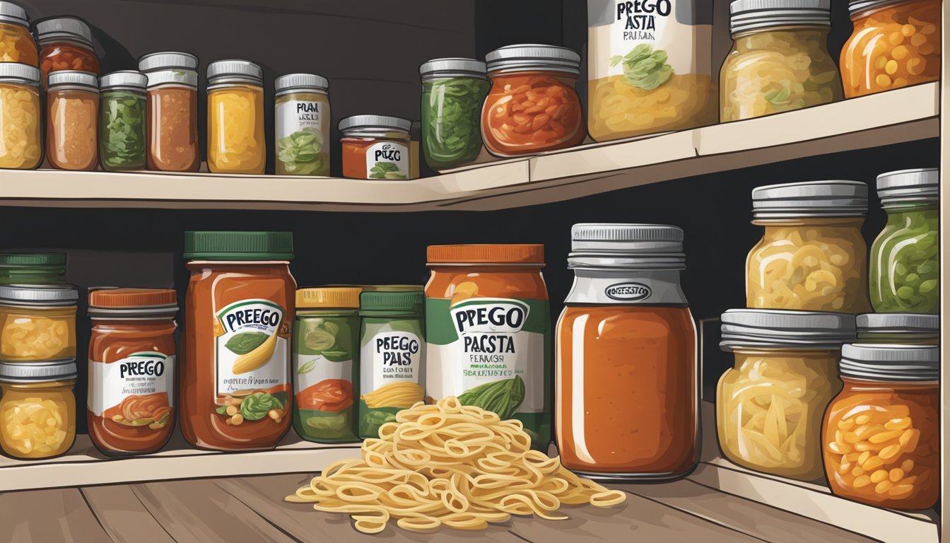 A jar of Prego Pasta Sauce sits on a shelf in a pantry, surrounded by other canned goods and dry ingredients