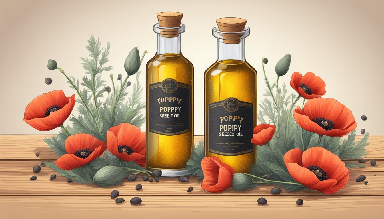 A glass bottle of poppy seed oil sits on a rustic wooden table, surrounded by scattered poppy seeds and vibrant red poppy flowers