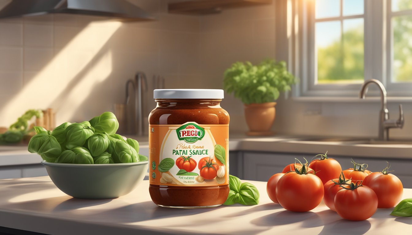 A jar of Prego Traditional Italian Pasta Sauce sits on a kitchen countertop, surrounded by fresh tomatoes, garlic, and basil. The sunlight streams through a nearby window, casting a warm glow on the scene