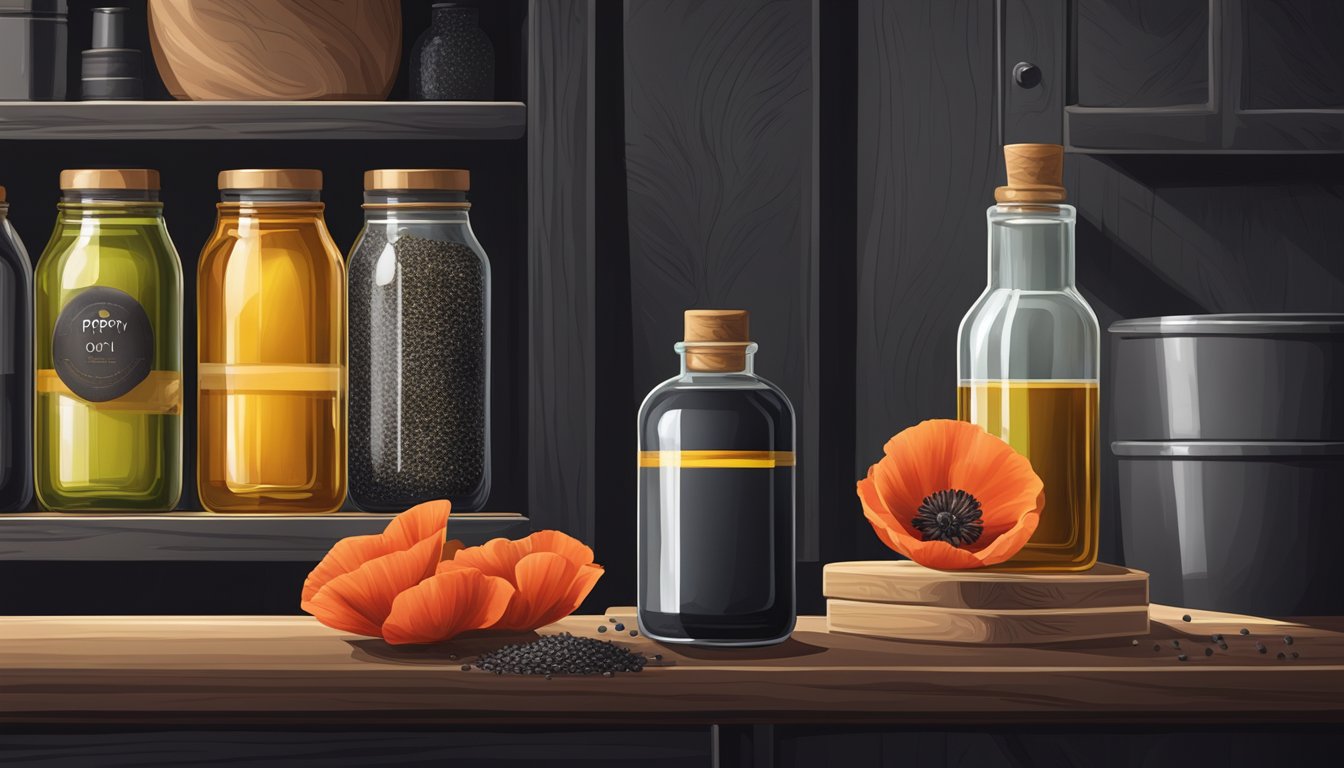 A tightly sealed bottle of poppy seed oil sits on a shelf in a cool, dark pantry, away from direct sunlight and heat sources