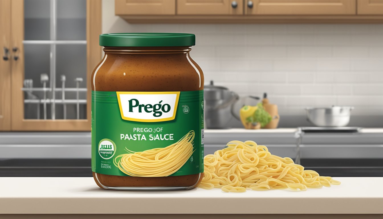 A jar of Prego Pasta Sauce sits on a kitchen shelf, its label facing the viewer. The sauce inside is starting to develop mold, with green and white spots visible through the glass