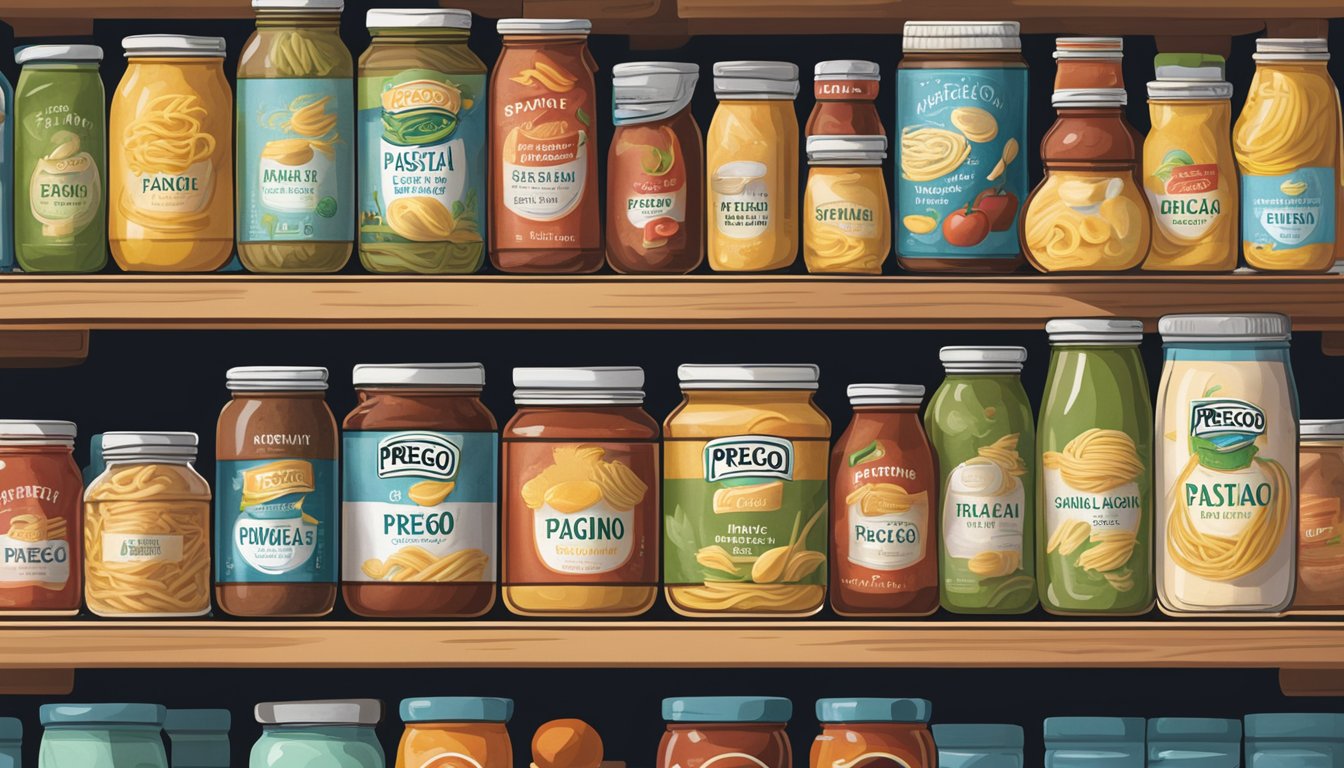 A jar of Prego Pasta Sauce sits on a kitchen shelf, surrounded by other pantry items. The label shows the expiration date, and a hand reaches for it