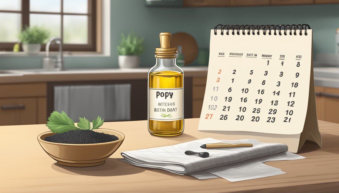 A bottle of poppy seed oil sits on a kitchen counter, next to a calendar showing the current date and a "best by" date several months in the past