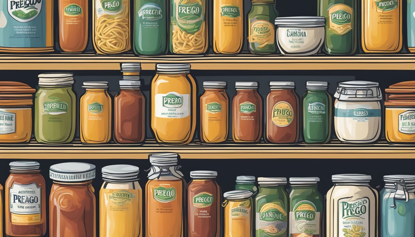 A jar of Prego pasta sauce sits on a kitchen shelf, surrounded by other pantry items. The label indicates the expiration date, while a faint odor of spoilage emanates from the jar