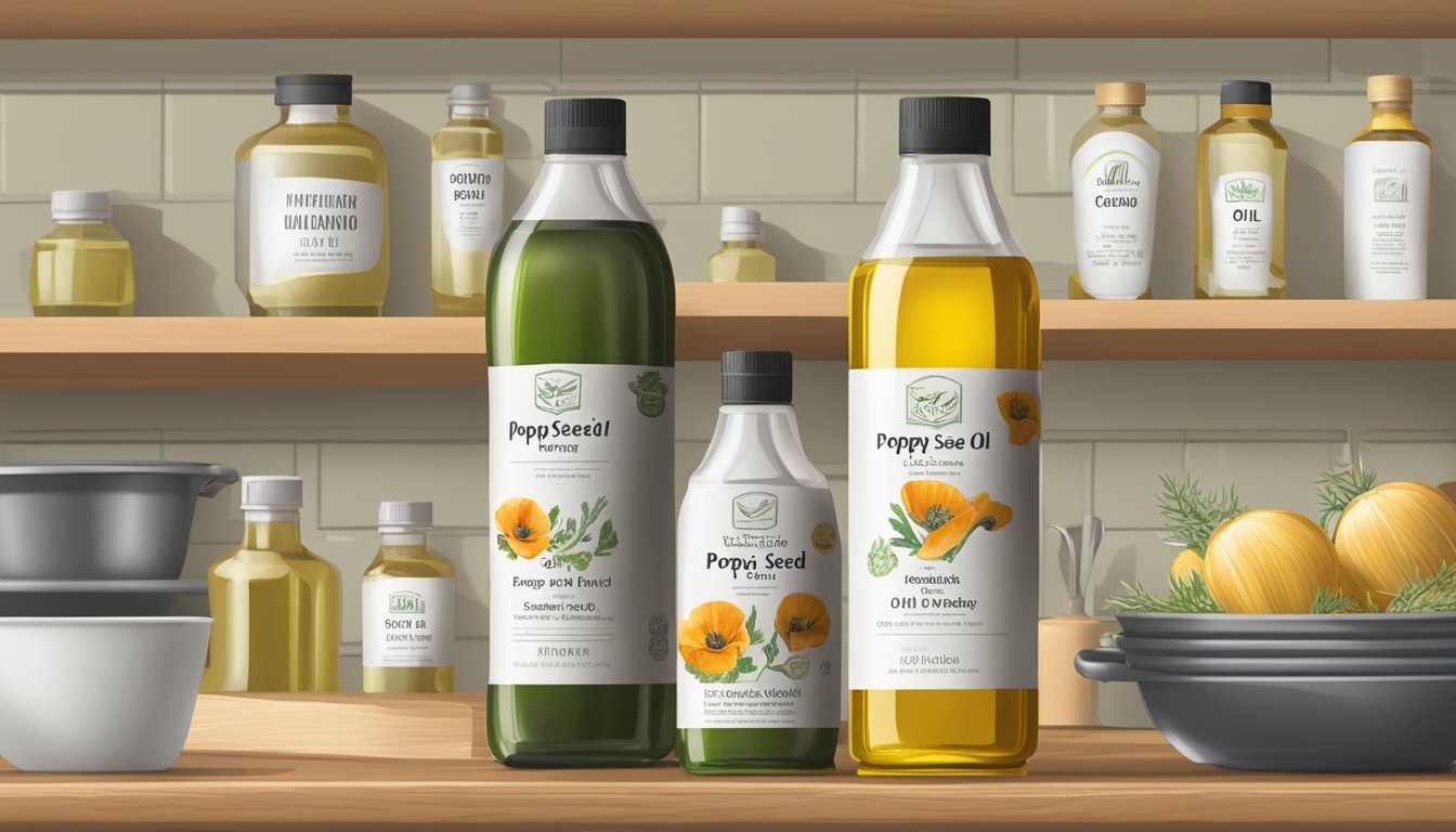 A bottle of poppy seed oil sits on a kitchen shelf next to other cooking oils. The label indicates the expiration date, while the oil inside remains clear and unspoiled