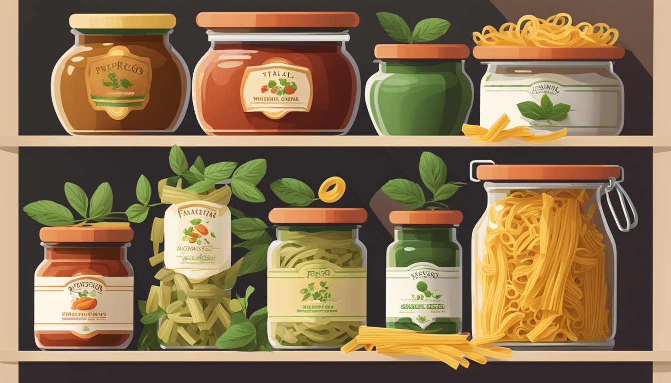 A jar of Prego Traditional Italian Pasta Sauce sits unopened on a pantry shelf, surrounded by various dried pasta shapes and fresh herbs