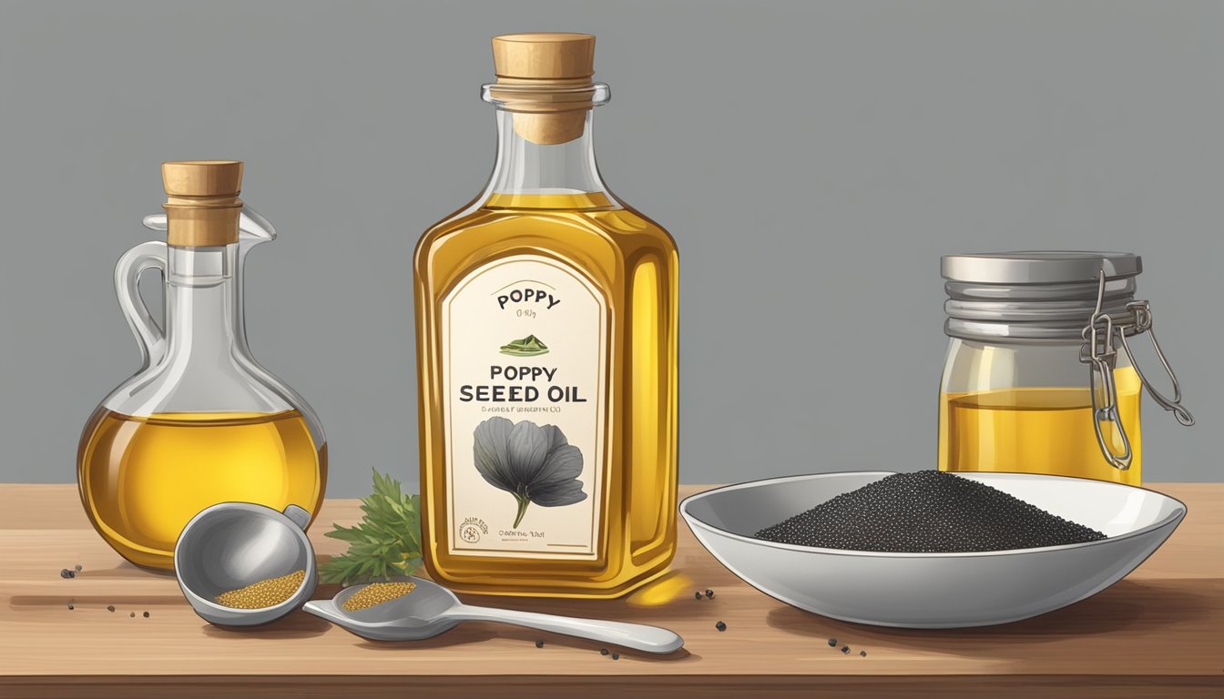 A bottle of poppy seed oil sits on a kitchen counter, surrounded by various cooking utensils and ingredients. The oil is clear and golden, with tiny black poppy seeds settled at the bottom