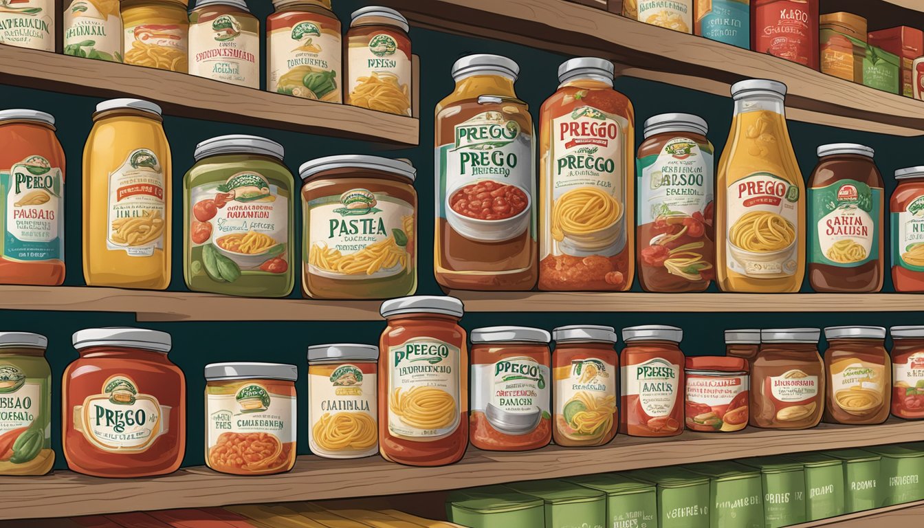 A jar of Prego Traditional Italian Pasta Sauce sits on a pantry shelf, surrounded by other canned and jarred goods. The label is facing outward, and the lid is securely closed