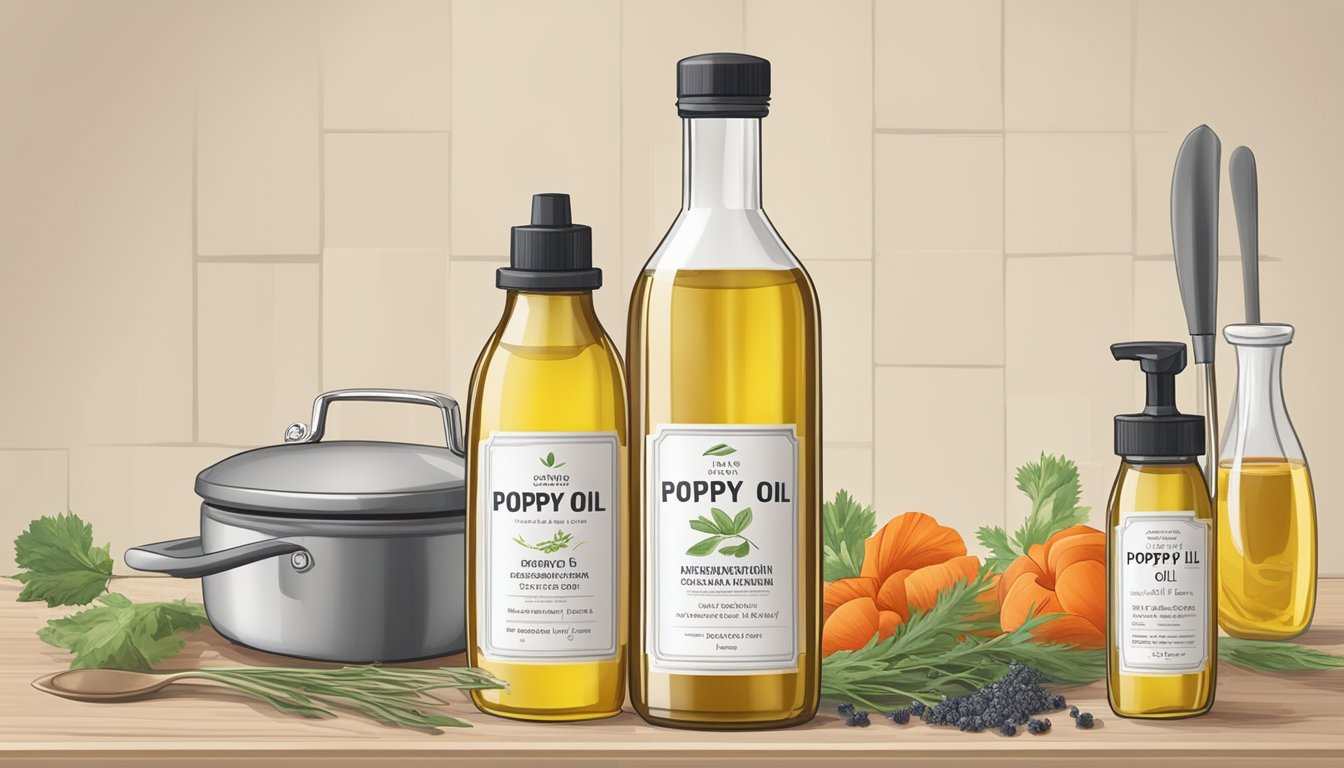 A bottle of poppy seed oil sits on a kitchen counter, surrounded by various cooking ingredients and utensils. The oil has a clear expiration date label