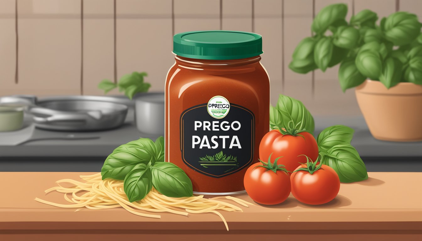 A jar of Prego Traditional Italian Pasta Sauce sits next to a pot of homemade pasta sauce, both surrounded by fresh tomatoes and basil