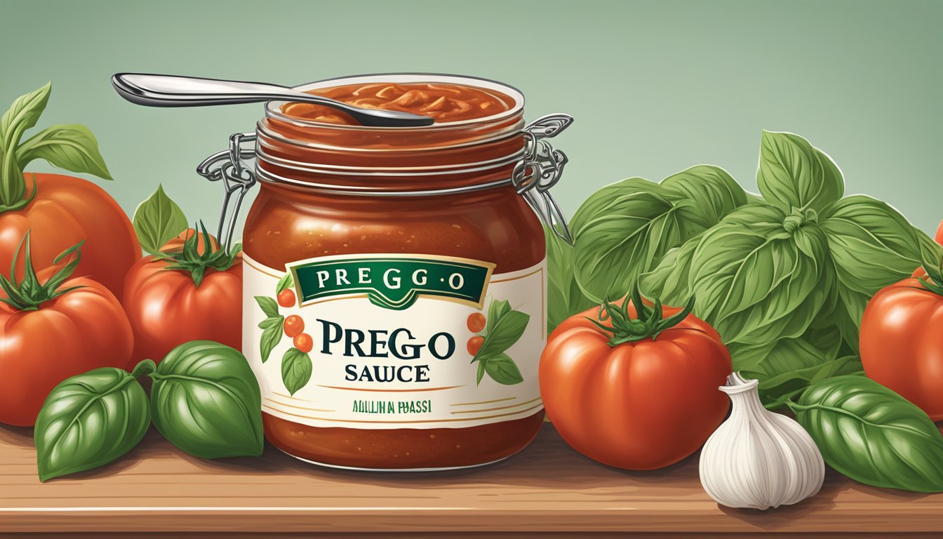 A jar of Prego Traditional Italian Pasta Sauce sits on a kitchen counter, surrounded by fresh tomatoes, basil, and garlic. The lid is slightly ajar, with a spoon resting on top