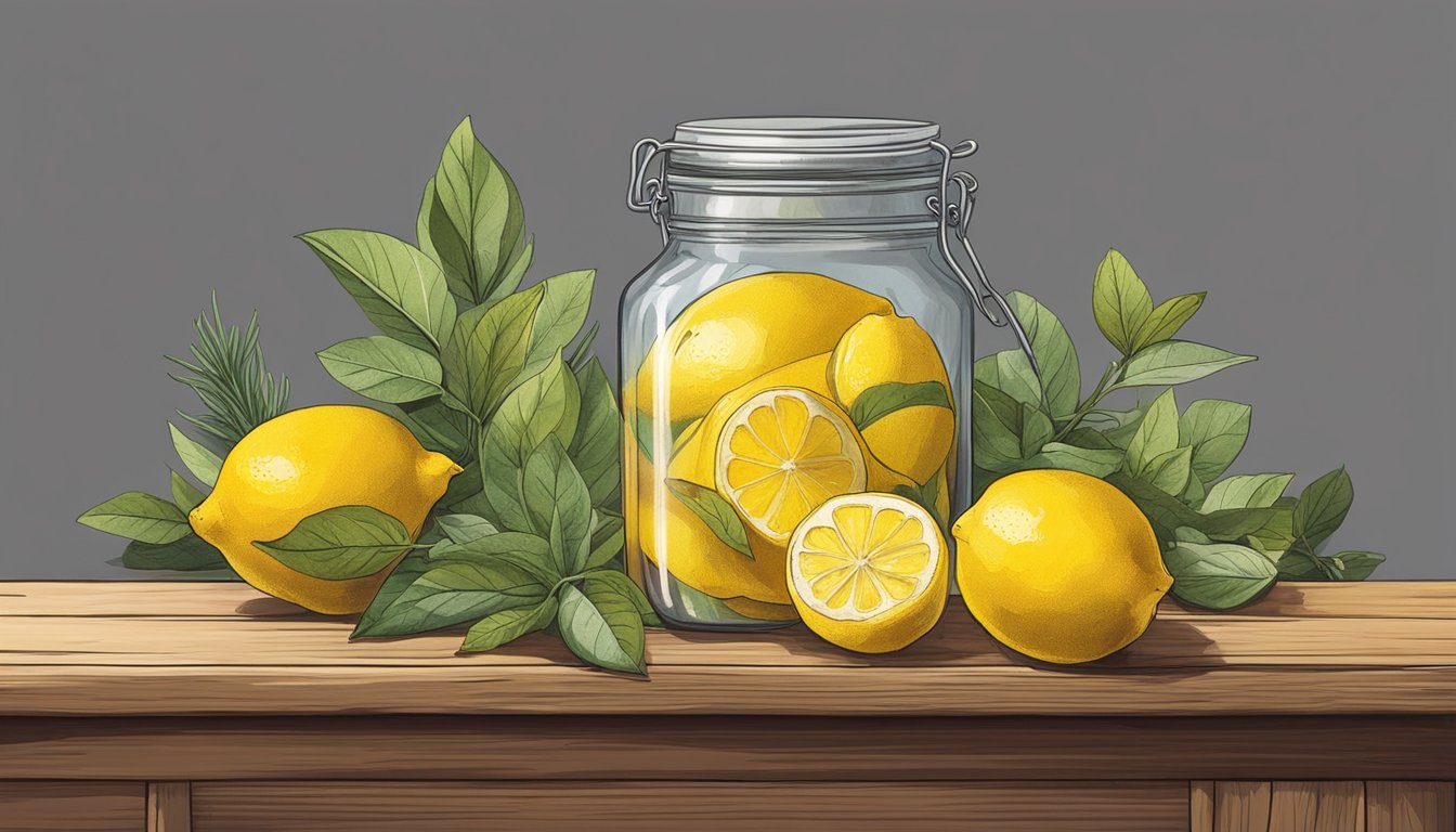 A jar of preserved lemons sits on a rustic wooden shelf, surrounded by herbs and spices. The lemons are submerged in a brine, their vibrant yellow color contrasting with the earthy tones of the surroundings