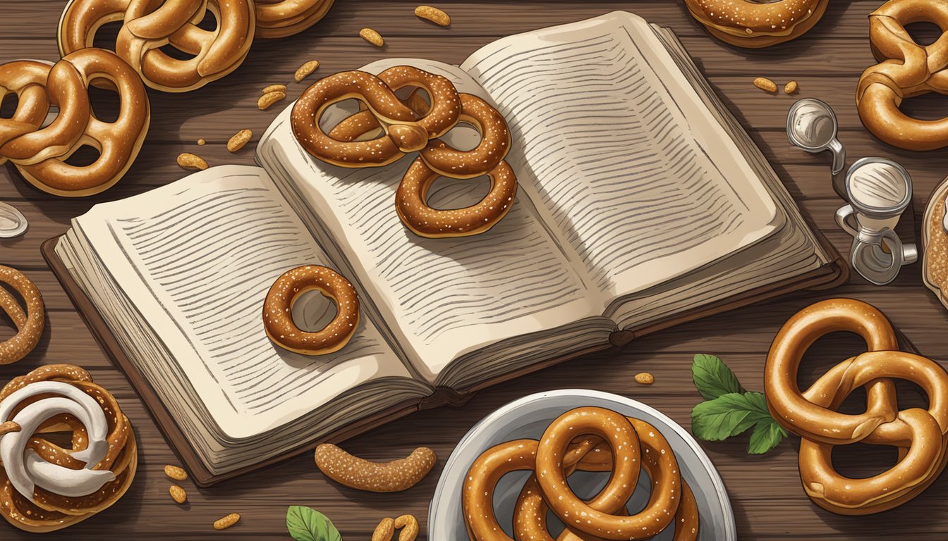 A variety of pretzels, including soft, hard, and flavored types, arranged on a rustic wooden table with a vintage cookbook open to a page about the origin of pretzels