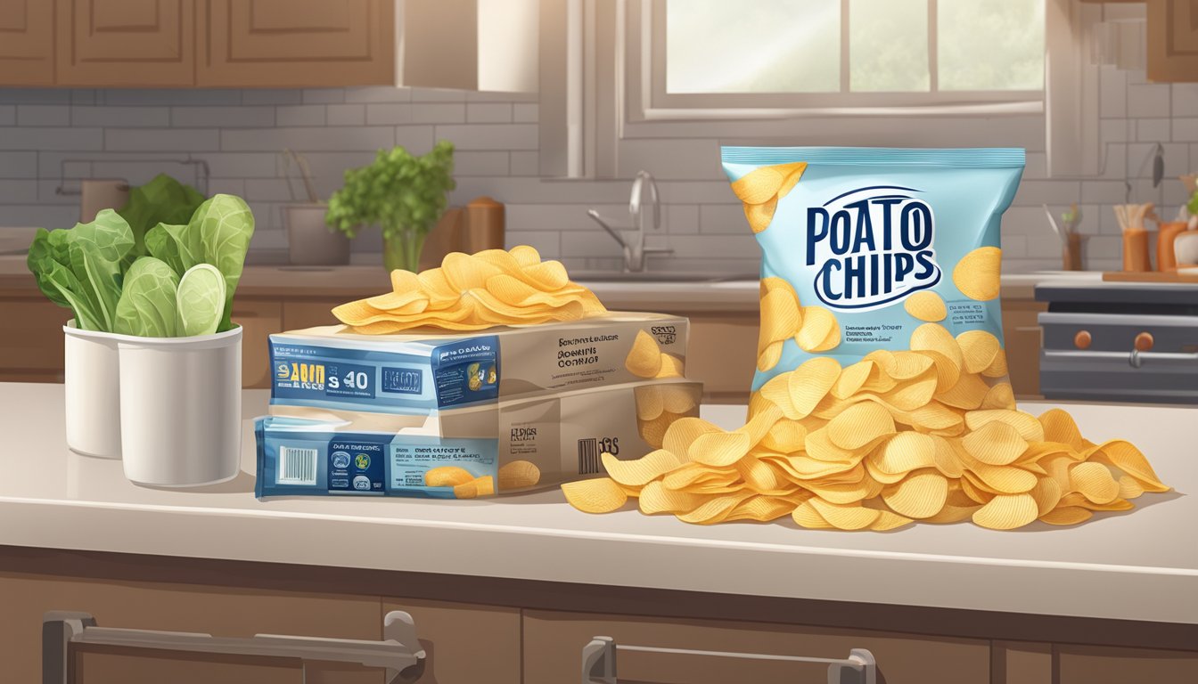 A bag of potato chips sits on a kitchen counter, surrounded by a variety of factors such as temperature, humidity, and exposure to air