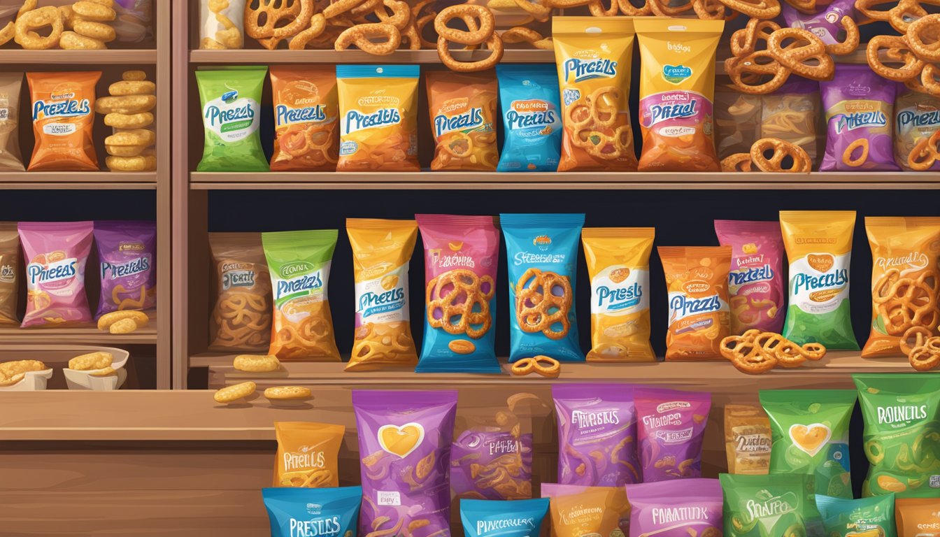 A bag of pretzels sits on a shelf, surrounded by other snacks. The packaging is unopened, and the pretzels appear fresh and crunchy