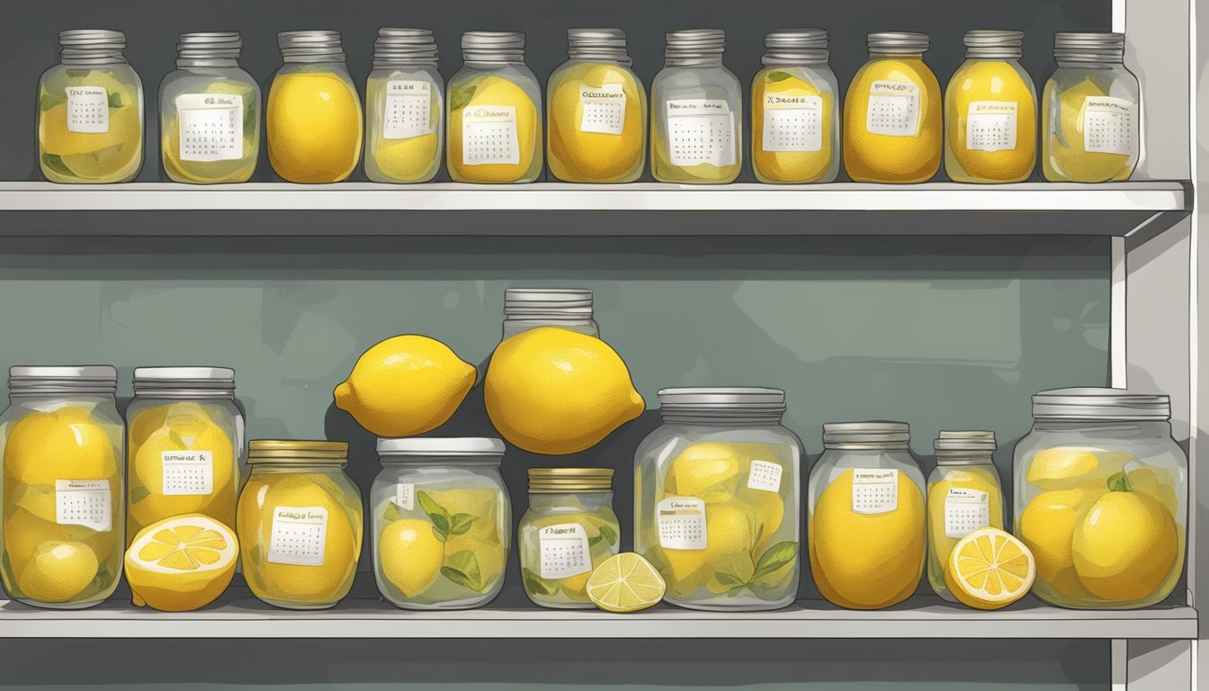 Preserved lemons sit on a shelf, showing signs of mold and discoloration. A calendar on the wall indicates they have been there for over a year