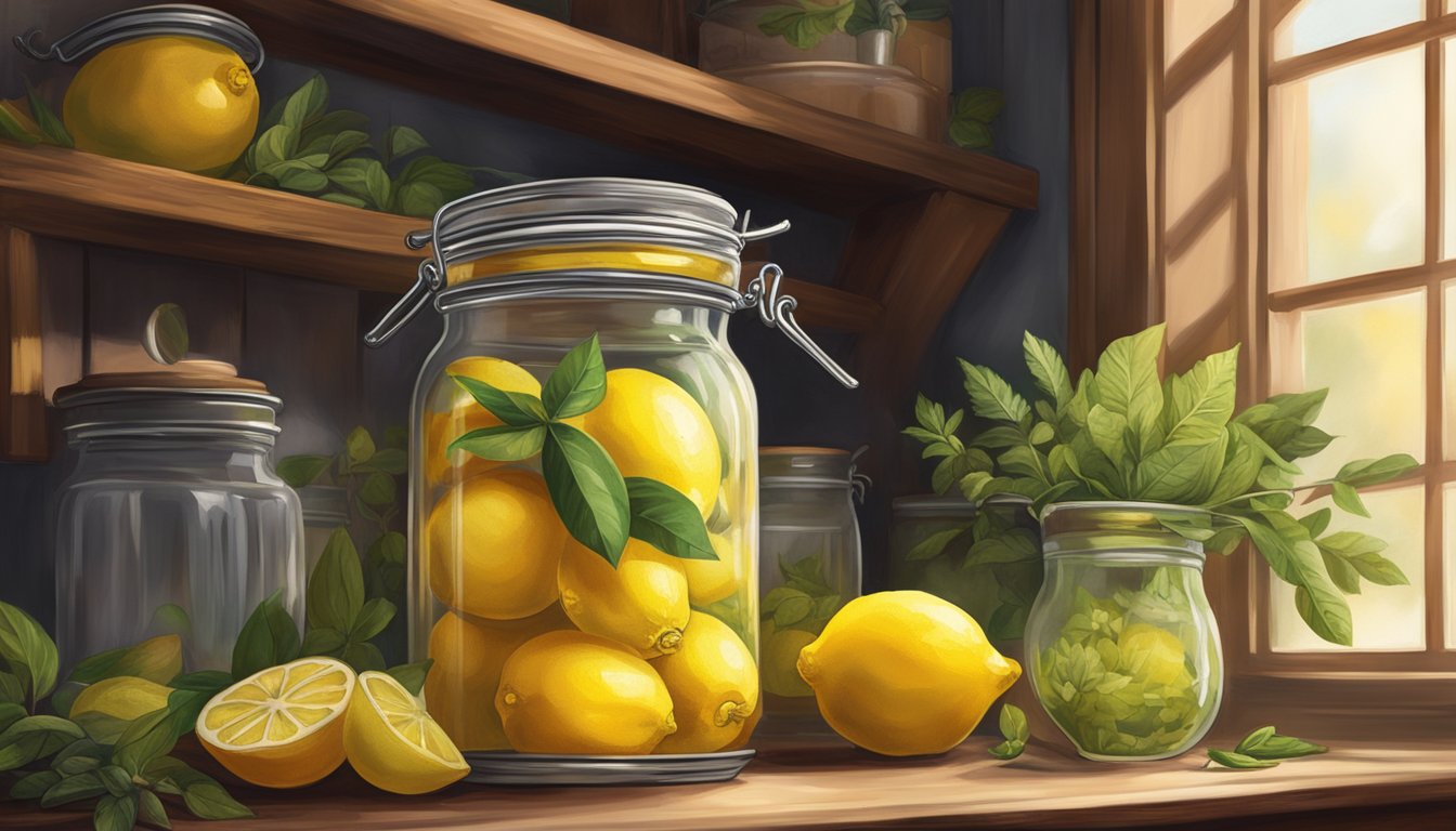 A jar of preserved lemons sits on a rustic kitchen shelf, surrounded by spices and herbs. The lemons are vibrant and translucent, with the soft glow of sunlight filtering through the window highlighting their golden hues