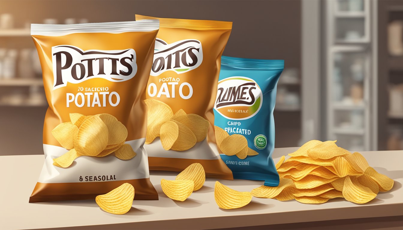 A bag of potato chips sits on a shelf, surrounded by various packaging. The chips inside are evenly coated with seasoning and appear fresh and crispy