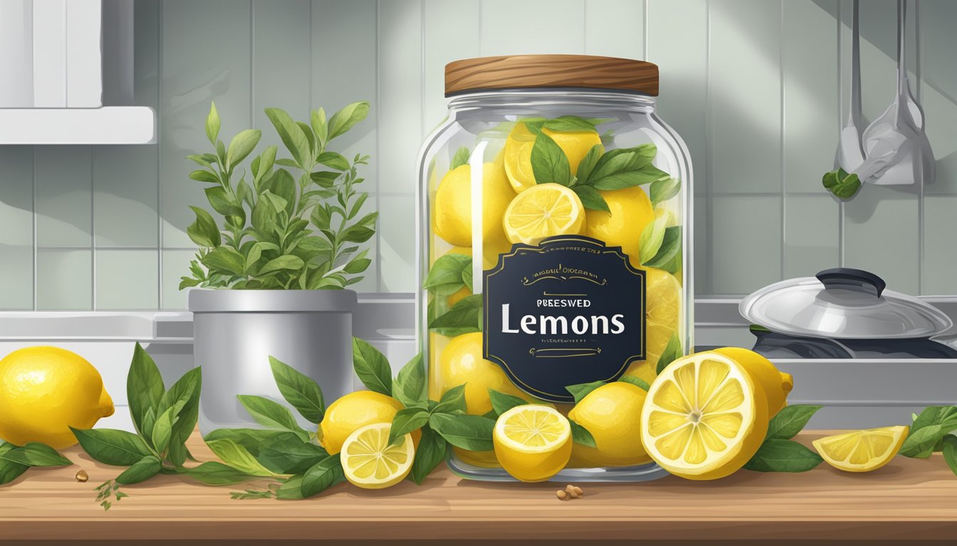 A jar of preserved lemons on a kitchen shelf, surrounded by herbs and spices. The lemons are sliced and submerged in a cloudy, briny liquid