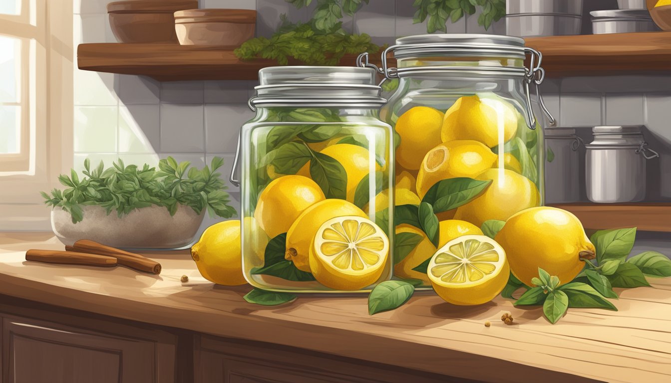 A jar of preserved lemons sits on a kitchen shelf, surrounded by spices and herbs. The lemons are a vibrant yellow, suspended in a clear liquid