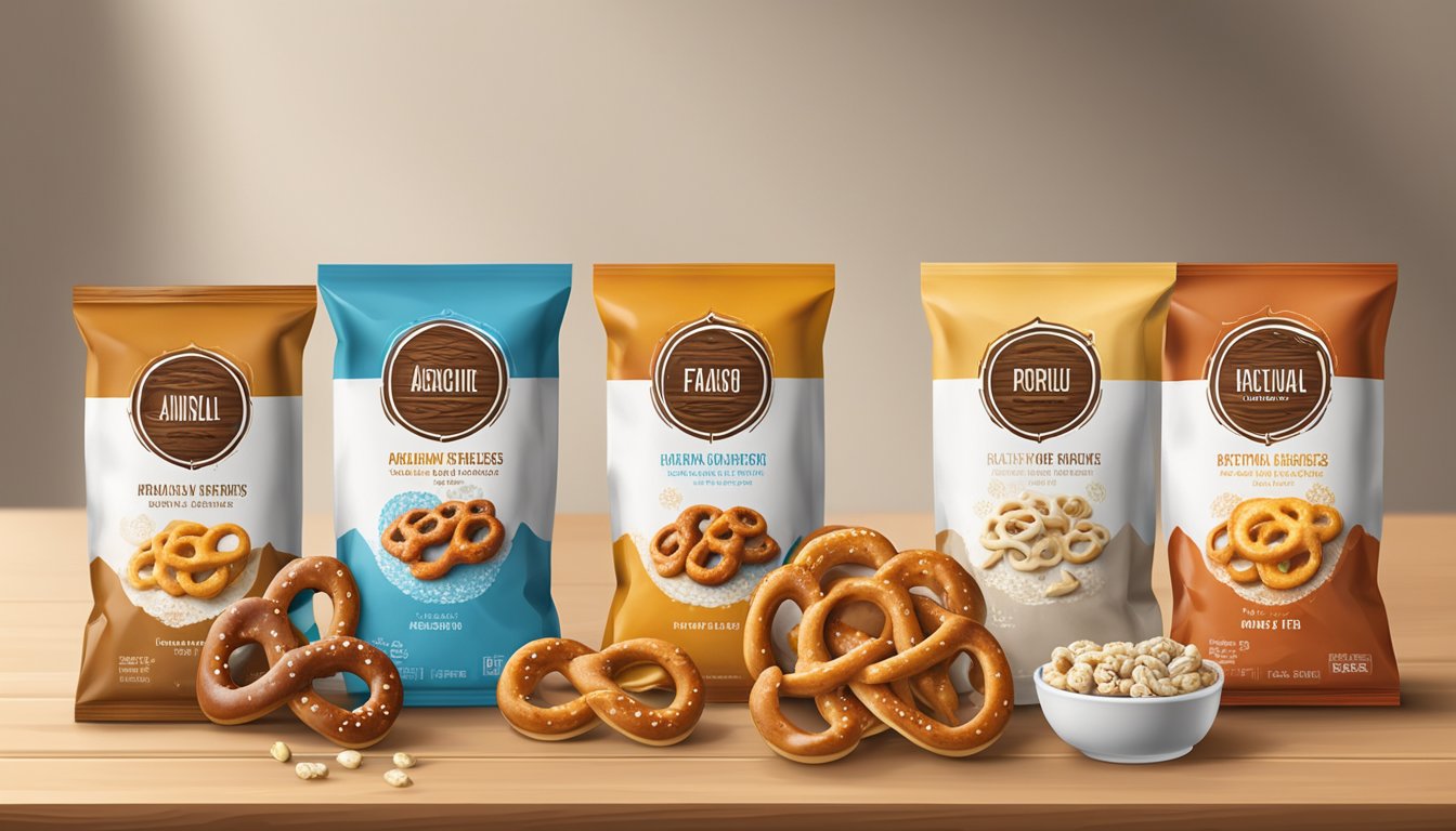 A variety of pretzels in different flavors and additives arranged on a wooden table, some in packaging, with a calendar showing the expiration date