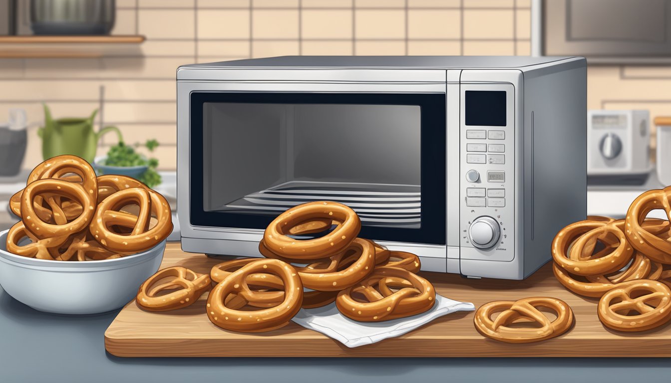 A stack of pretzels on a wooden cutting board with a timer next to them. A microwave and serving dish in the background