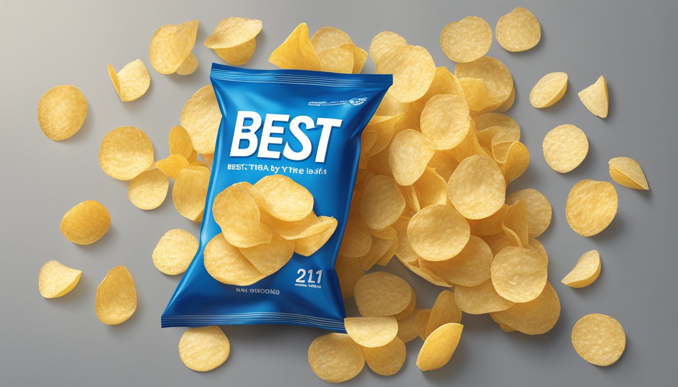 A bag of potato chips with a "best by" date on the packaging, a calendar showing the current date, and a chip held up to the light for inspection