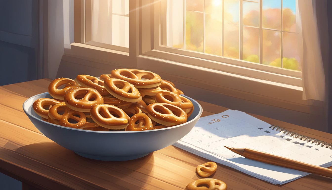 A bowl of pretzels sits on a wooden table next to a calendar showing the current date. Rays of sunlight stream in through a nearby window