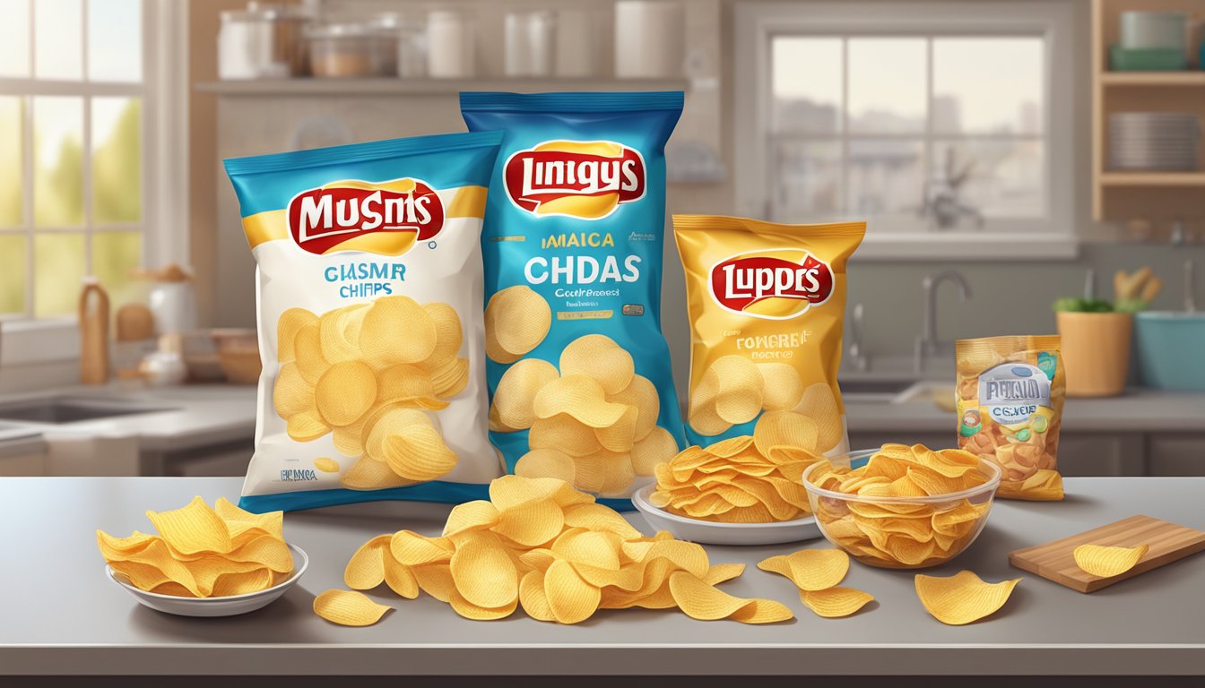 A bag of potato chips sits unopened on a kitchen counter, surrounded by various snack options